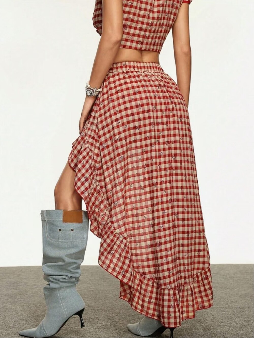 Red Gingham High-Low Ruffle Skirt - Picture 2 of 5